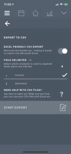 CSV export screen